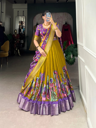 Mustard Dola Silk Kalamkari Lehenga Set with Zari Weaving Border