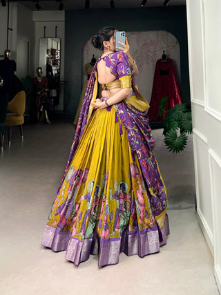 Mustard Dola Silk Kalamkari Lehenga Set with Zari Weaving Border