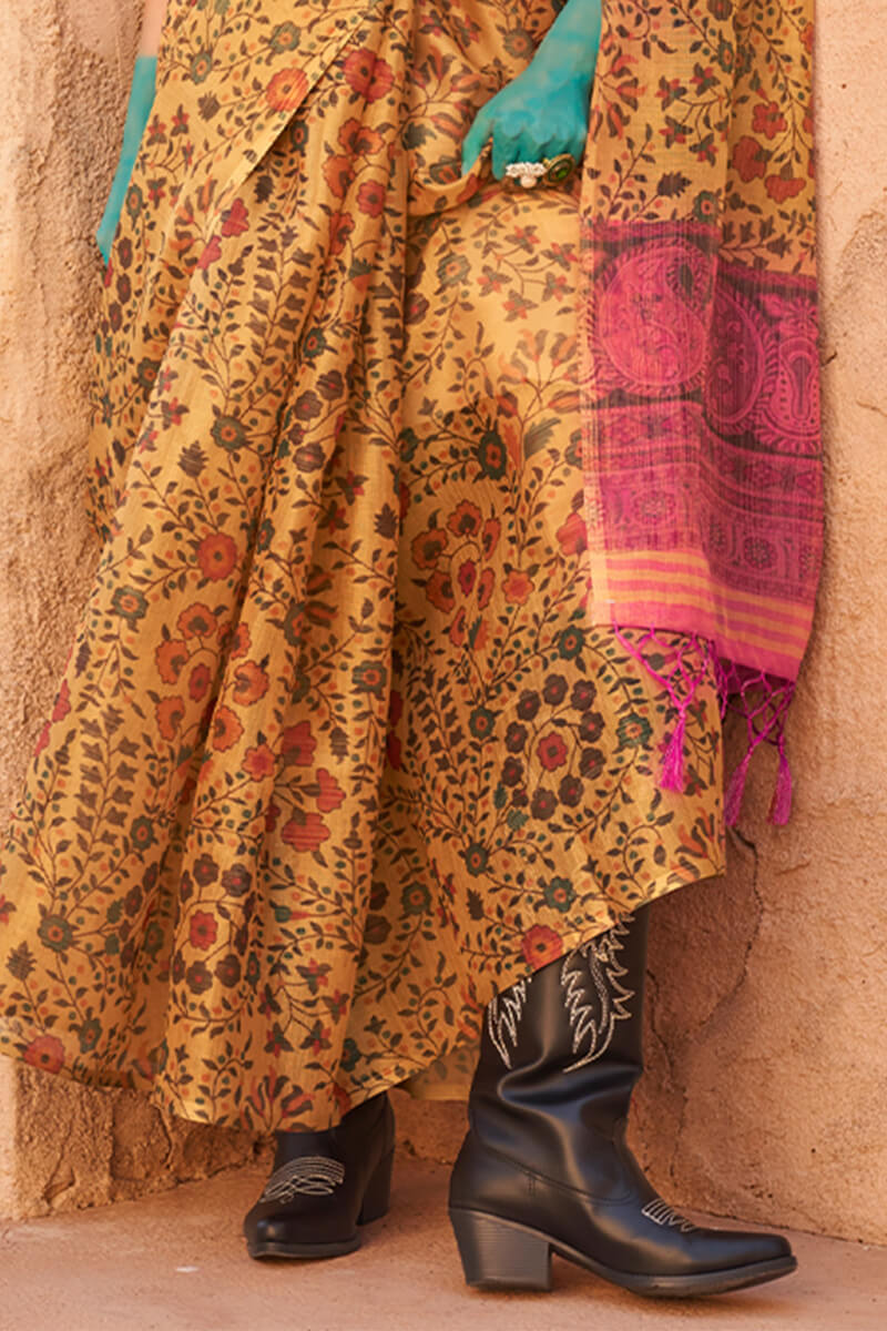 Mustard Elegant Banarasi Tissue Saree with Unstitched Blouse Piece ClothsVilla