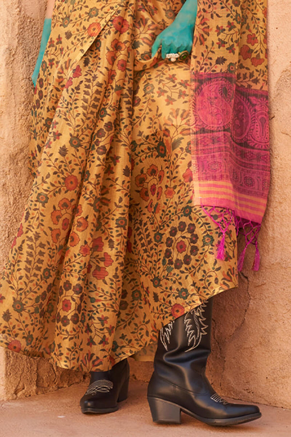 Mustard Elegant Banarasi Tissue Saree with Unstitched Blouse Piece ClothsVilla