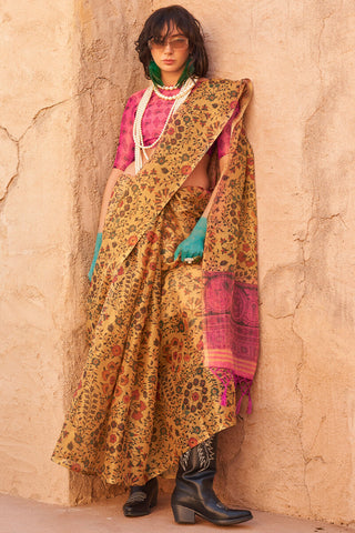 Mustard Elegant Banarasi Tissue Saree with Unstitched Blouse Piece ClothsVilla