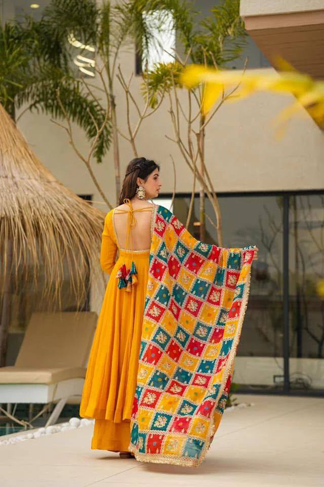 Mustard Elegant Chinon Silk Gown Set with Dupatta ClothsVilla
