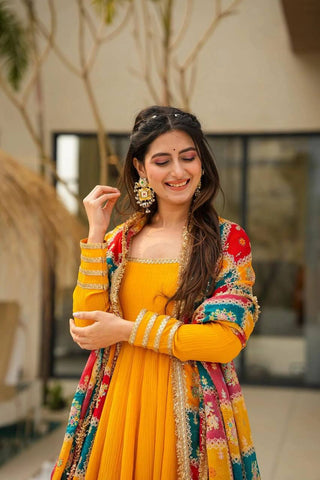Mustard Elegant Chinon Silk Gown Set with Dupatta ClothsVilla