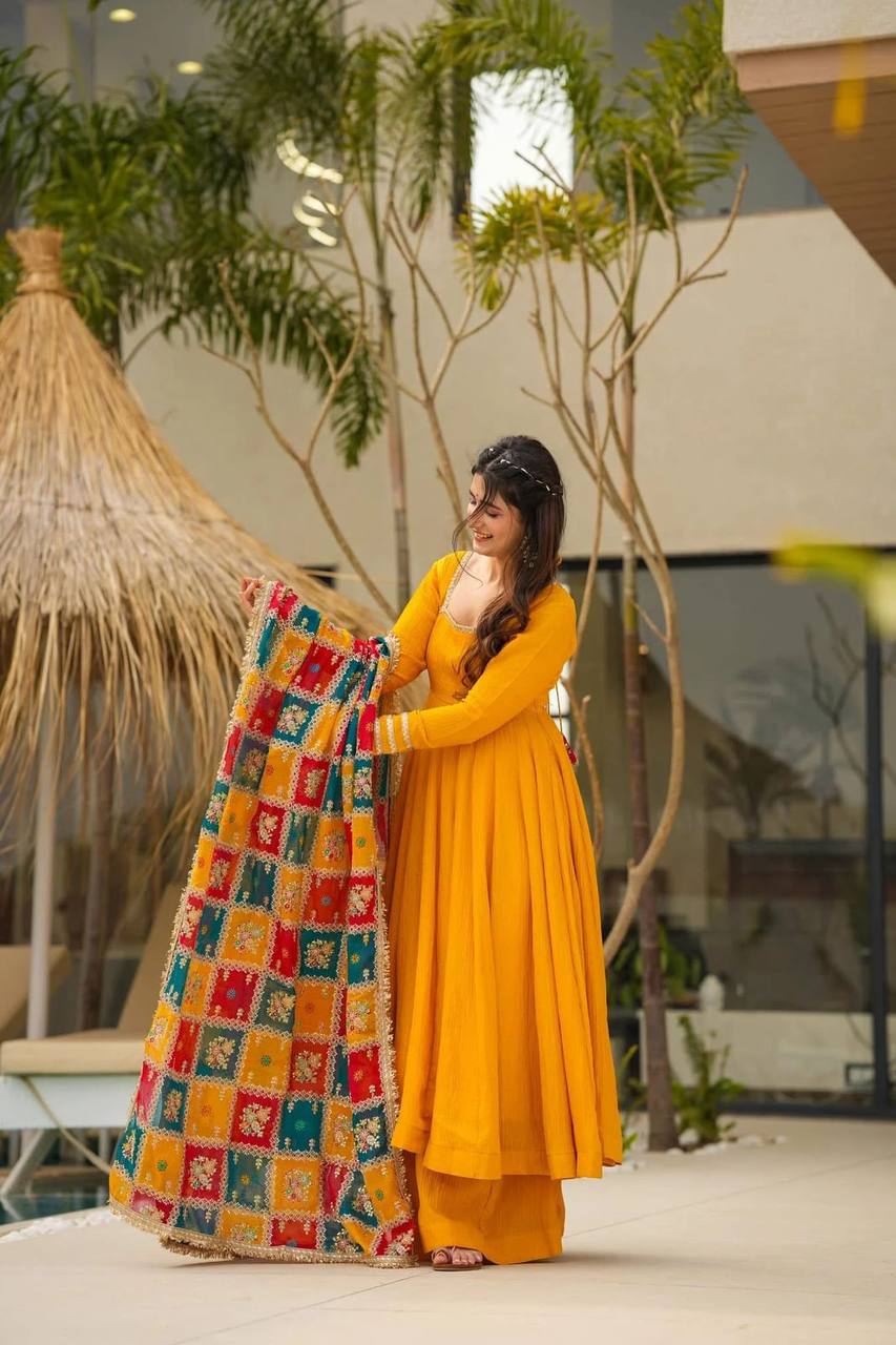 Mustard Elegant Chinon Silk Gown Set with Dupatta ClothsVilla