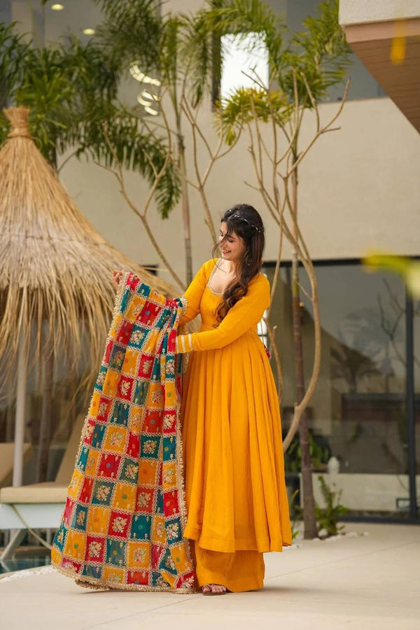 Mustard Elegant Chinon Silk Gown Set with Dupatta ClothsVilla
