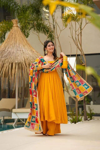 Mustard Elegant Chinon Silk Gown Set with Dupatta ClothsVilla