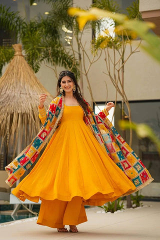 Mustard Elegant Chinon Silk Gown Set with Dupatta ClothsVilla