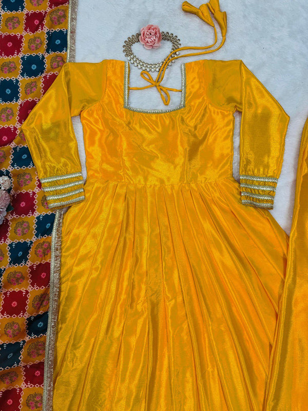Mustard Elegant Chinon Silk Gown Set with Dupatta ClothsVilla
