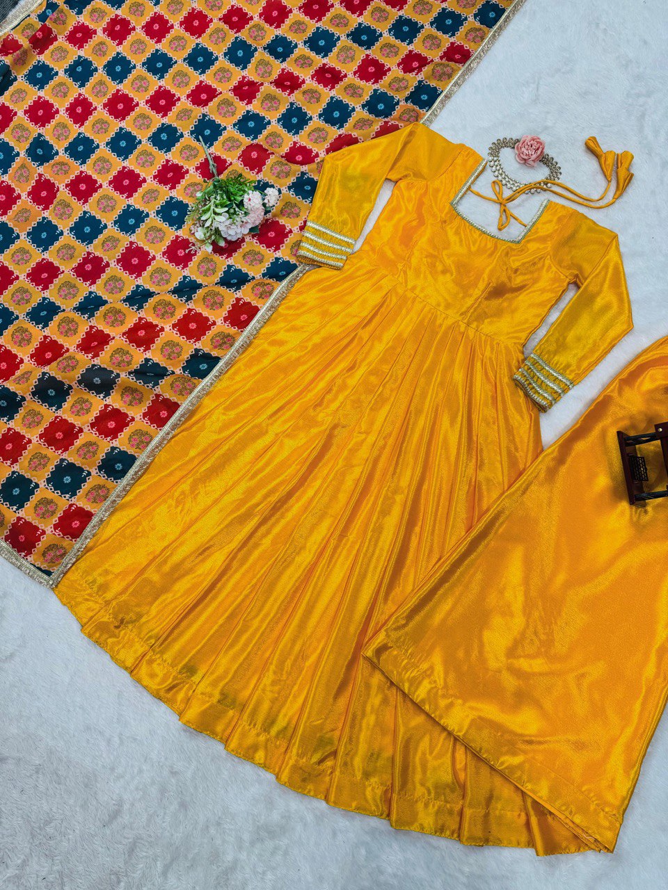 Mustard Elegant Chinon Silk Gown Set with Dupatta ClothsVilla