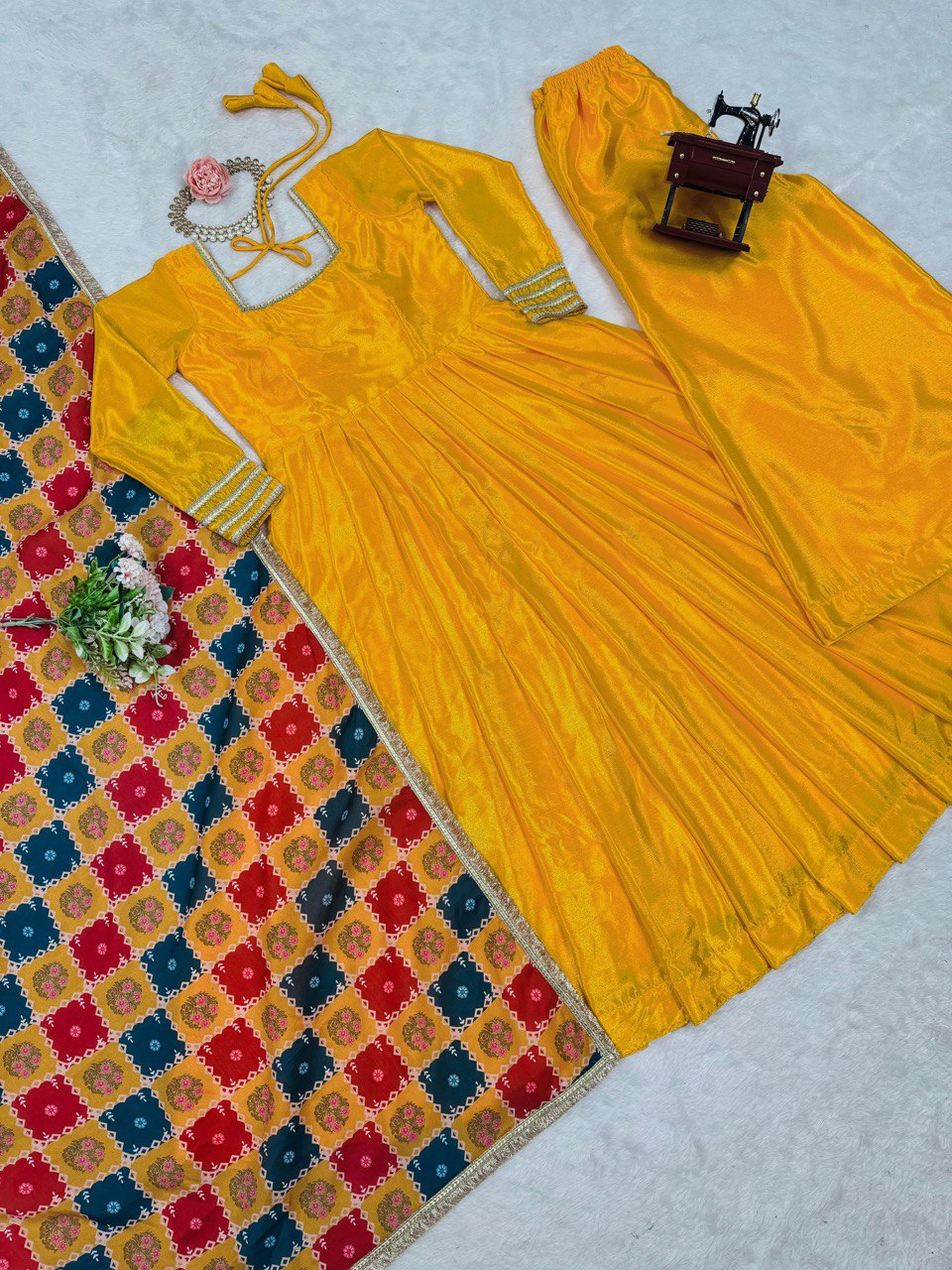 Mustard Elegant Chinon Silk Gown Set with Dupatta ClothsVilla