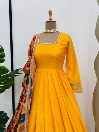 Mustard Elegant Chinon Silk Gown Set with Dupatta ClothsVilla