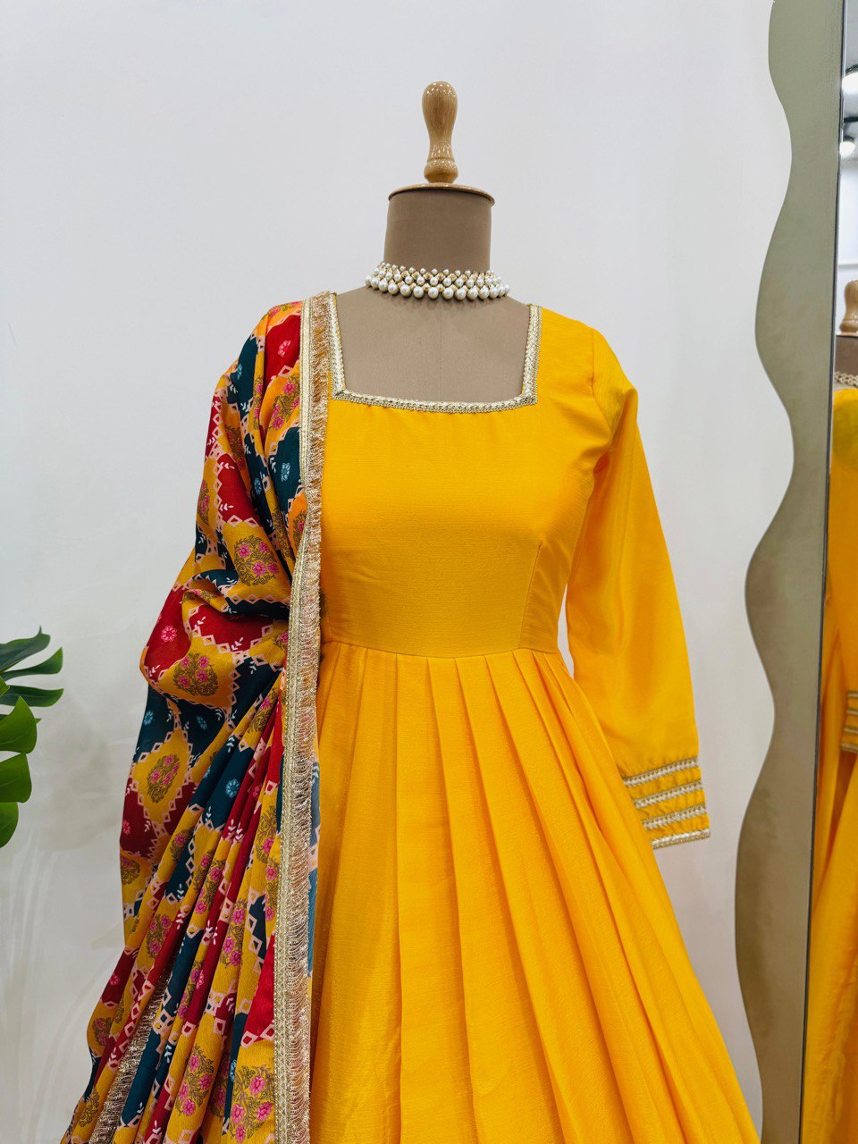 Mustard Elegant Chinon Silk Gown Set with Dupatta ClothsVilla