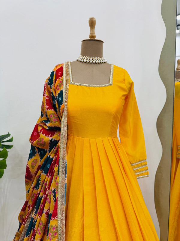 Mustard Elegant Chinon Silk Gown Set with Dupatta ClothsVilla