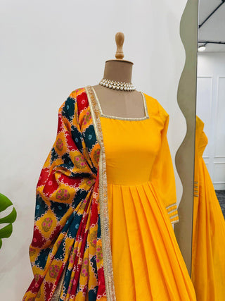 Mustard Elegant Chinon Silk Gown Set with Dupatta ClothsVilla