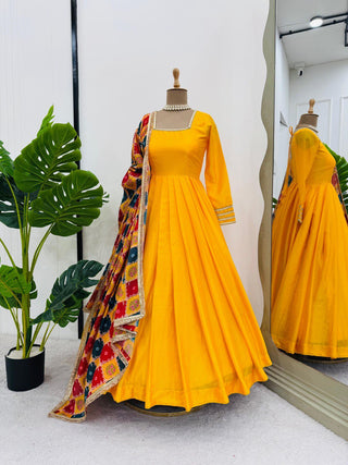 Mustard Elegant Chinon Silk Gown Set with Dupatta ClothsVilla