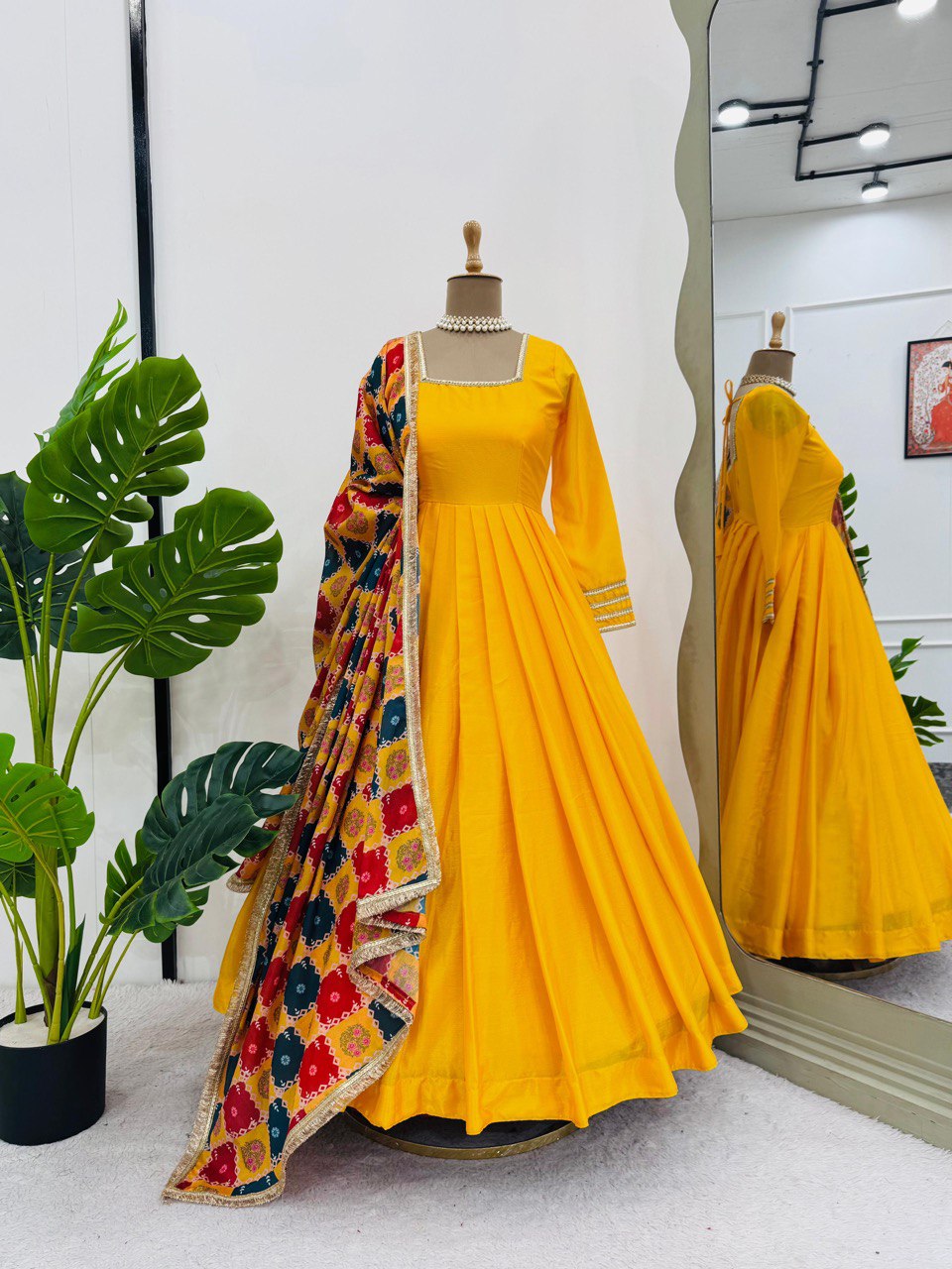 Mustard Elegant Chinon Silk Gown Set with Dupatta ClothsVilla