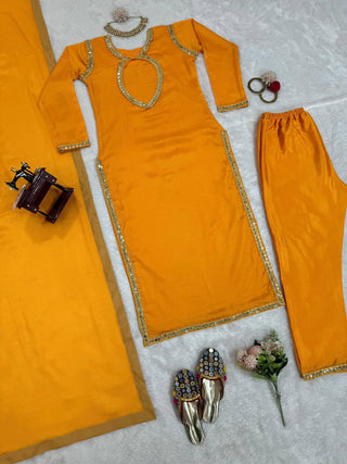 Mustard Elegant Chinon Silk Suit Set Clothsvilla