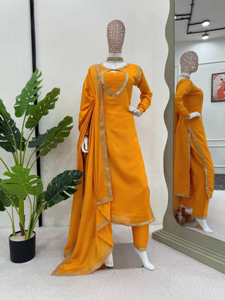 Mustard Elegant Chinon Silk Suit Set Clothsvilla