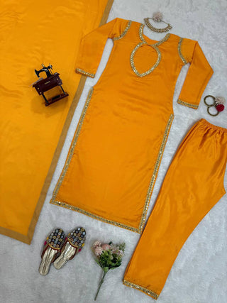 Mustard Elegant Chinon Silk Suit Set Clothsvilla
