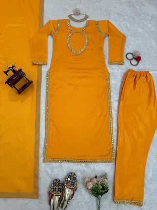 Mustard Elegant Chinon Silk Suit Set Clothsvilla