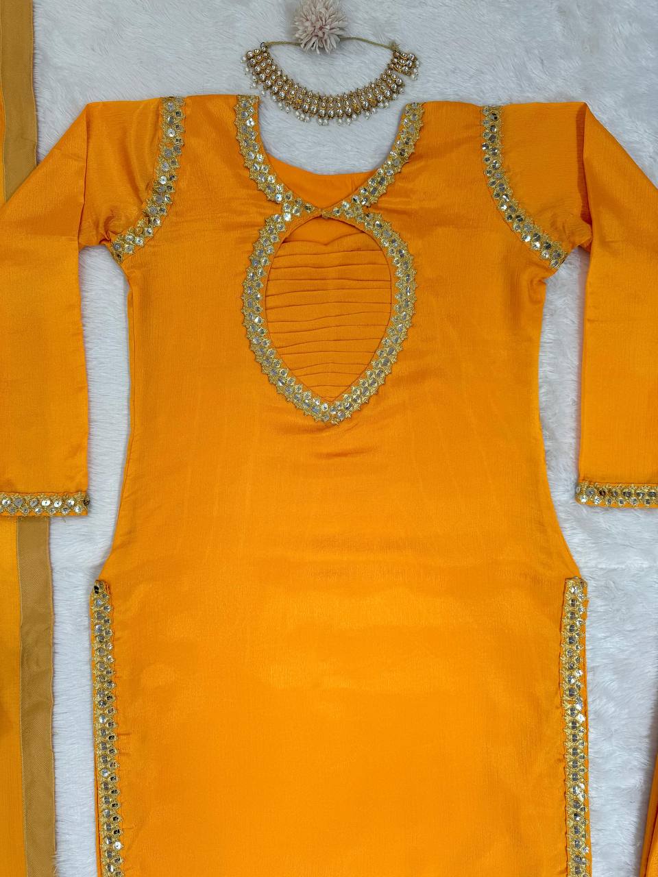 Mustard Elegant Chinon Silk Suit Set Clothsvilla