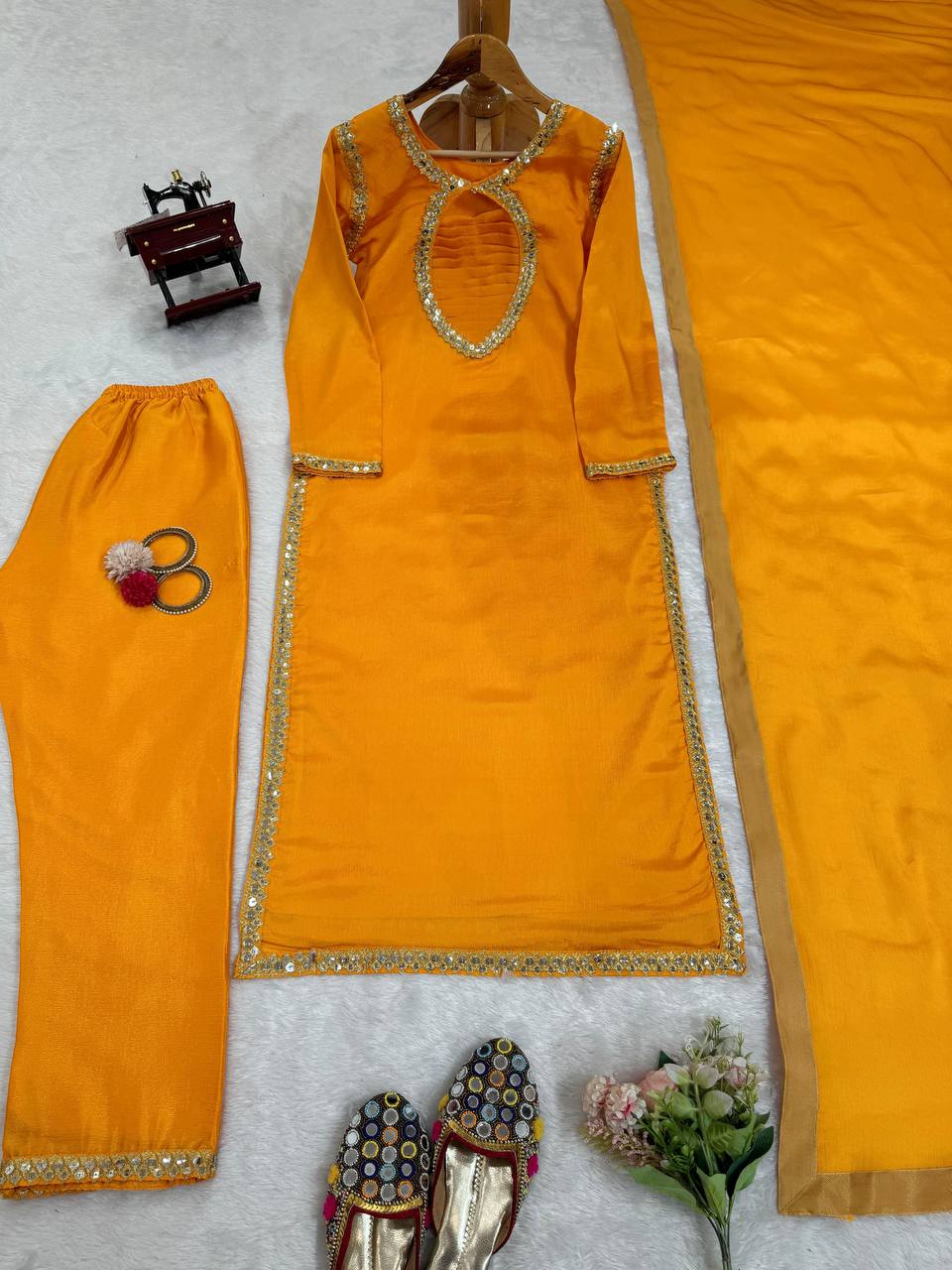 Mustard Elegant Chinon Silk Suit Set Clothsvilla
