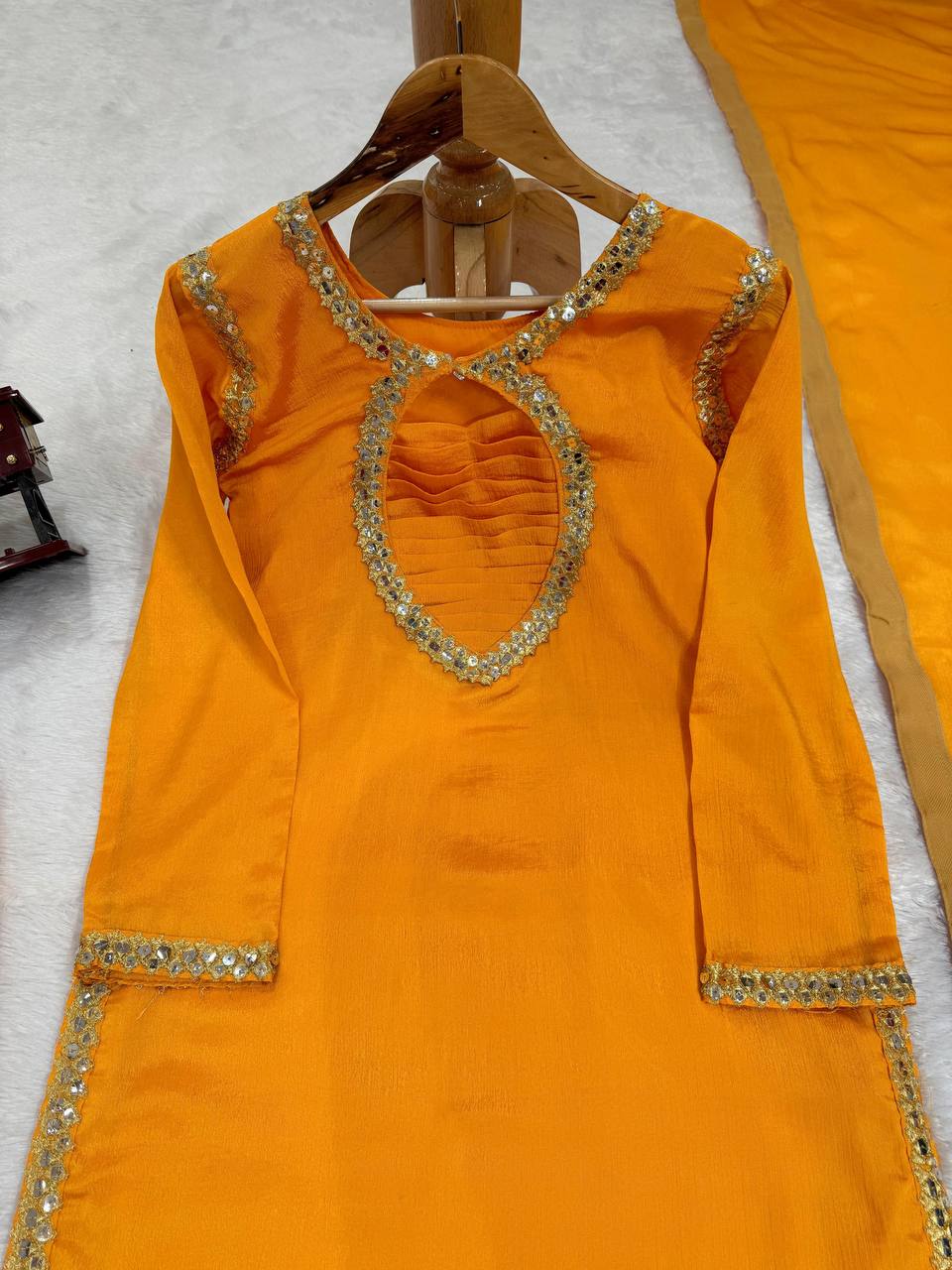 Mustard Elegant Chinon Silk Suit Set Clothsvilla