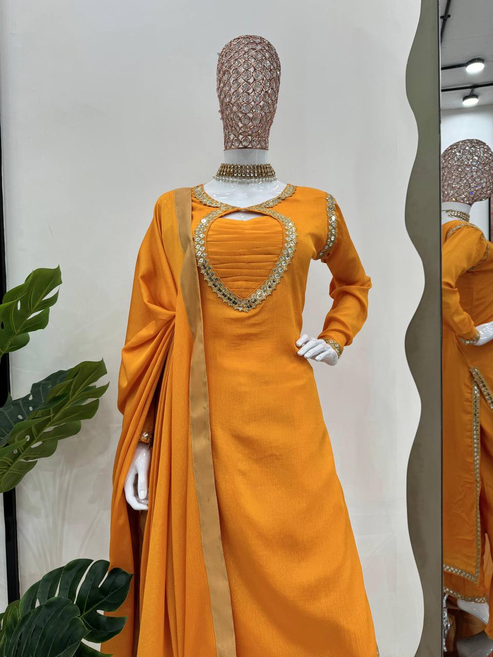 Mustard Elegant Chinon Silk Suit Set Clothsvilla