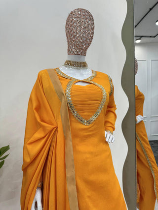 Mustard Elegant Chinon Silk Suit Set Clothsvilla