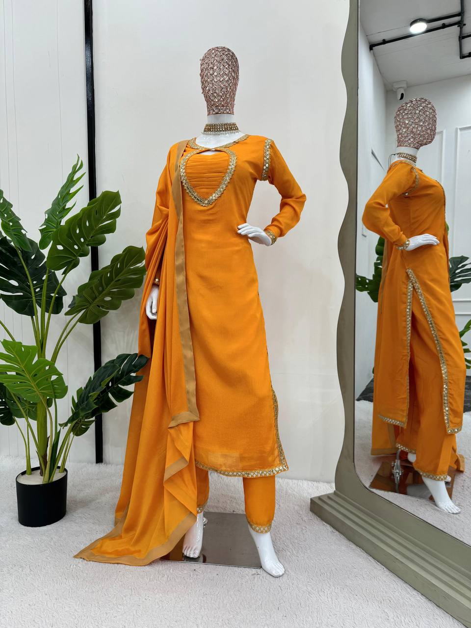 Mustard Elegant Chinon Silk Suit Set Clothsvilla