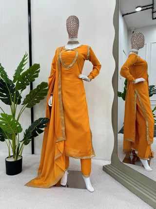 Mustard Elegant Chinon Silk Suit Set Clothsvilla