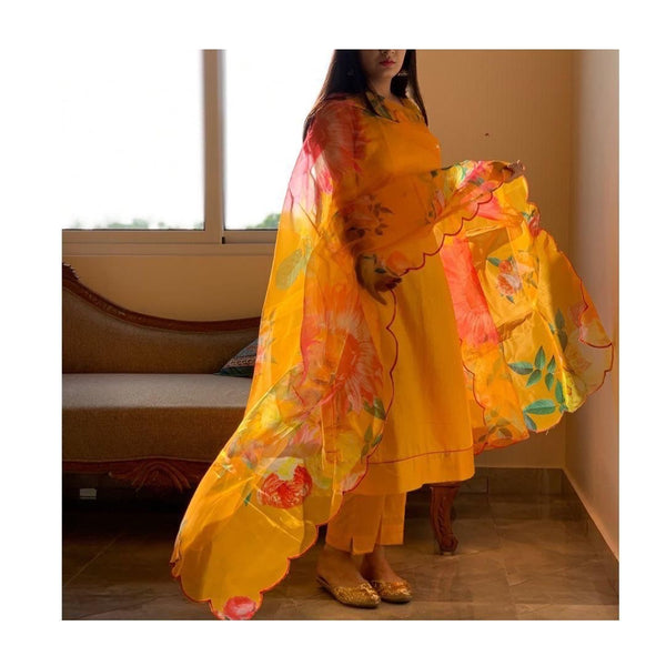 Mustard Elegant Cotton Silk Suit Set with Floral Organza Dupatta