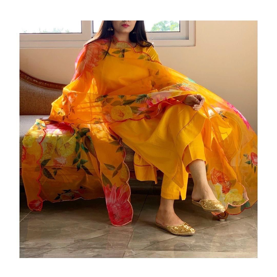 Mustard Elegant Cotton Silk Suit Set with Floral Organza Dupatta
