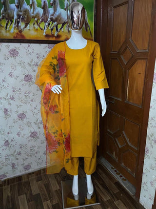 Mustard Elegant Cotton Silk Suit Set with Floral Organza Dupatta