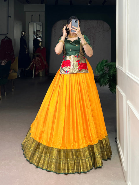Mustard Elegant Cotton Silk Zari Weaving Lehenga Choli Set with Jacquard Silk Blouse & Lace Touch – Stitched Ensemble ClothsVilla Main image
