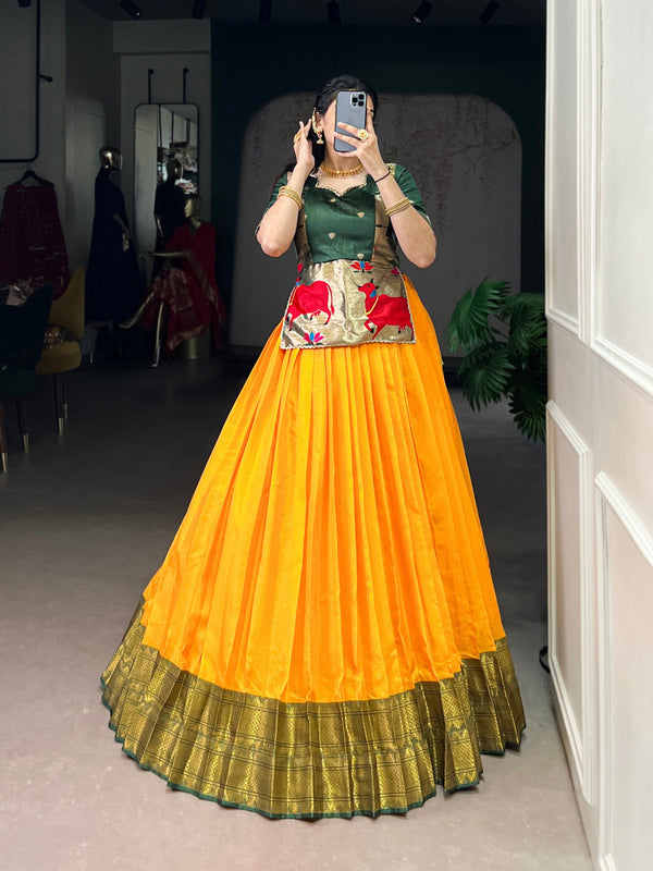 Mustard Elegant Cotton Silk Zari Weaving Lehenga Choli Set with Jacquard Silk Blouse & Lace Touch – Stitched Ensemble ClothsVilla