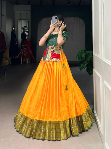 Mustard Elegant Cotton Silk Zari Weaving Lehenga Choli Set with Jacquard Silk Blouse & Lace Touch – Stitched Ensemble ClothsVilla