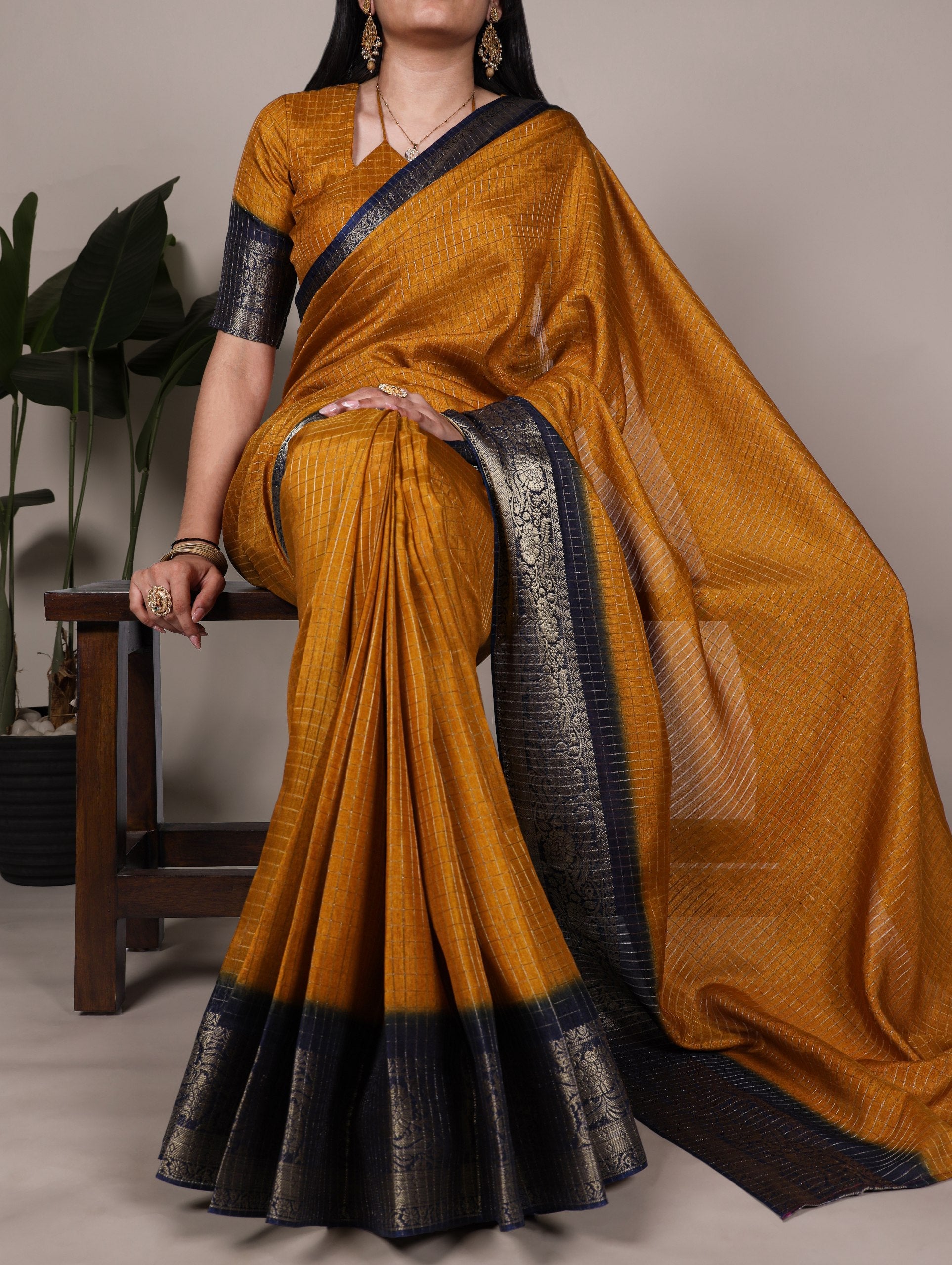 Mustard Elegant Dola Chex Saree with Zari Weaving & Matching Blouse Piece ClothsVilla Main image