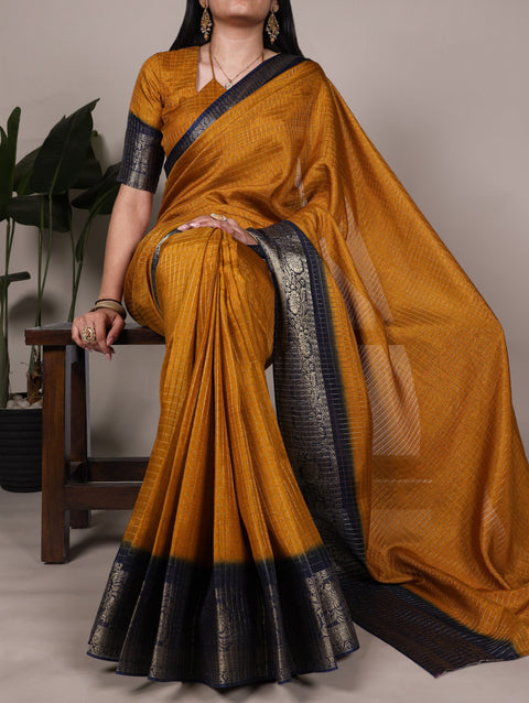 Mustard Elegant Dola Chex Saree with Zari Weaving & Matching Blouse Piece ClothsVilla Main image