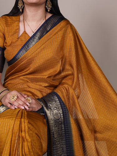 Mustard Elegant Dola Chex Saree with Zari Weaving & Matching Blouse Piece ClothsVilla