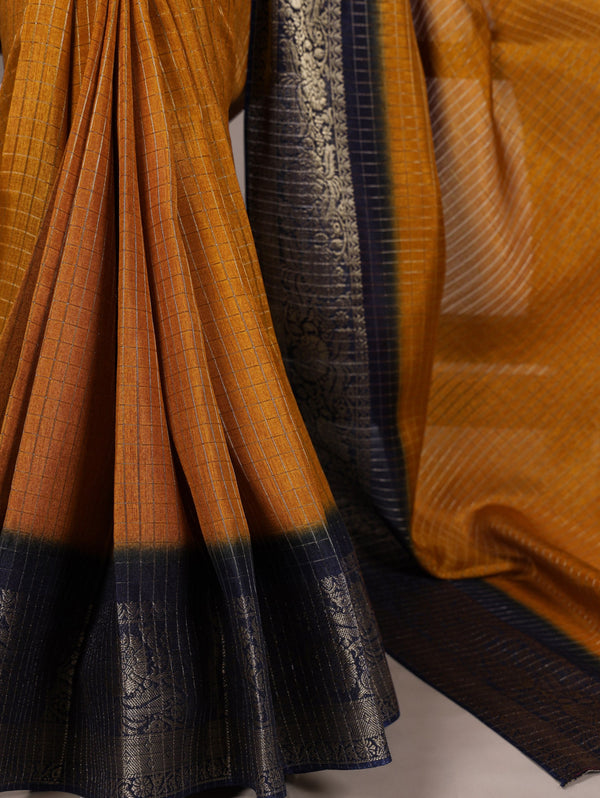 Mustard Elegant Dola Chex Saree with Zari Weaving & Matching Blouse Piece ClothsVilla