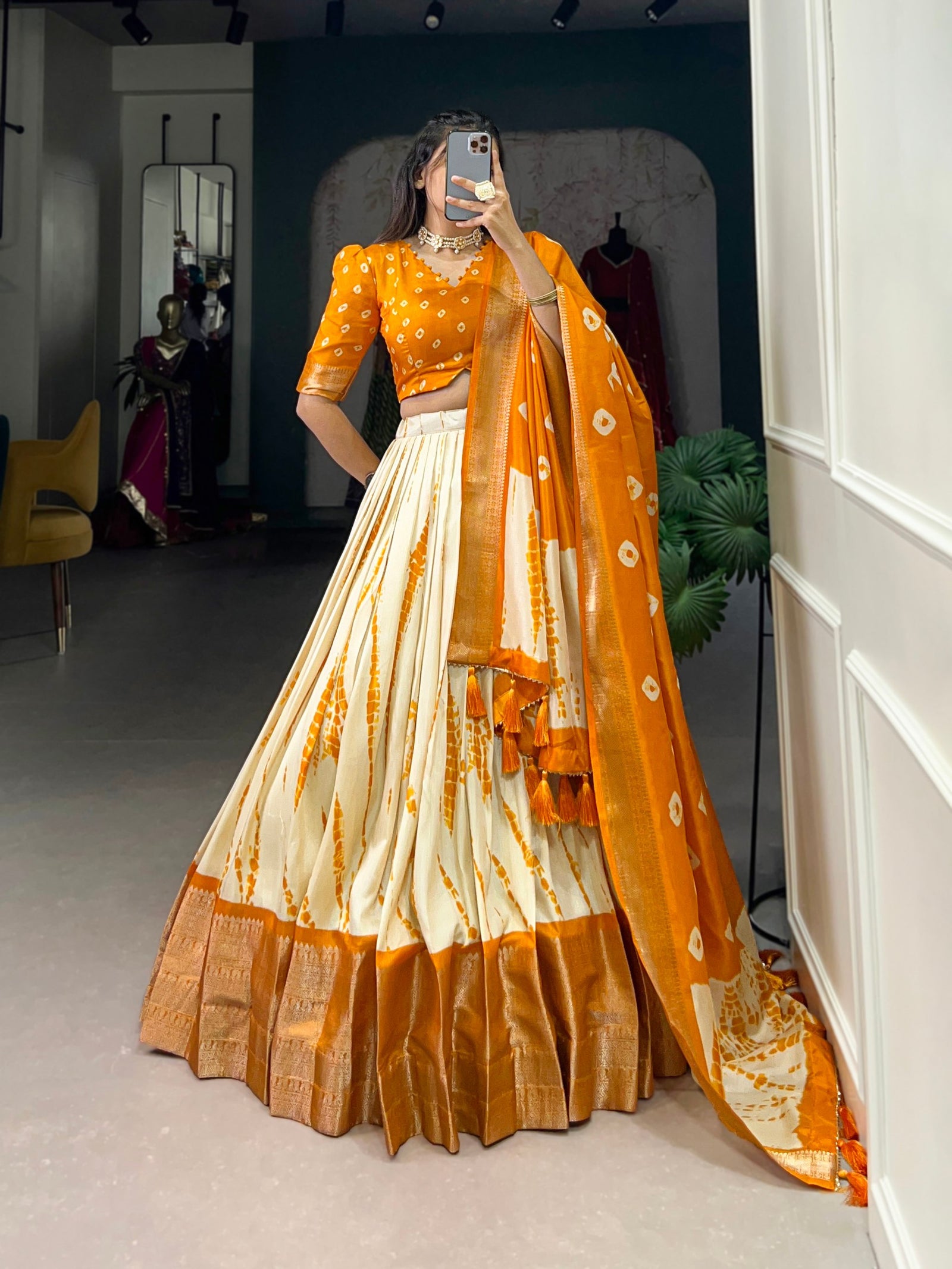 Mustard Elegant Dola Silk Shibori Print Lehenga Set with Zari Weaving Border