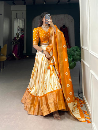 Mustard Elegant Dola Silk Shibori Print Lehenga Set with Zari Weaving Border