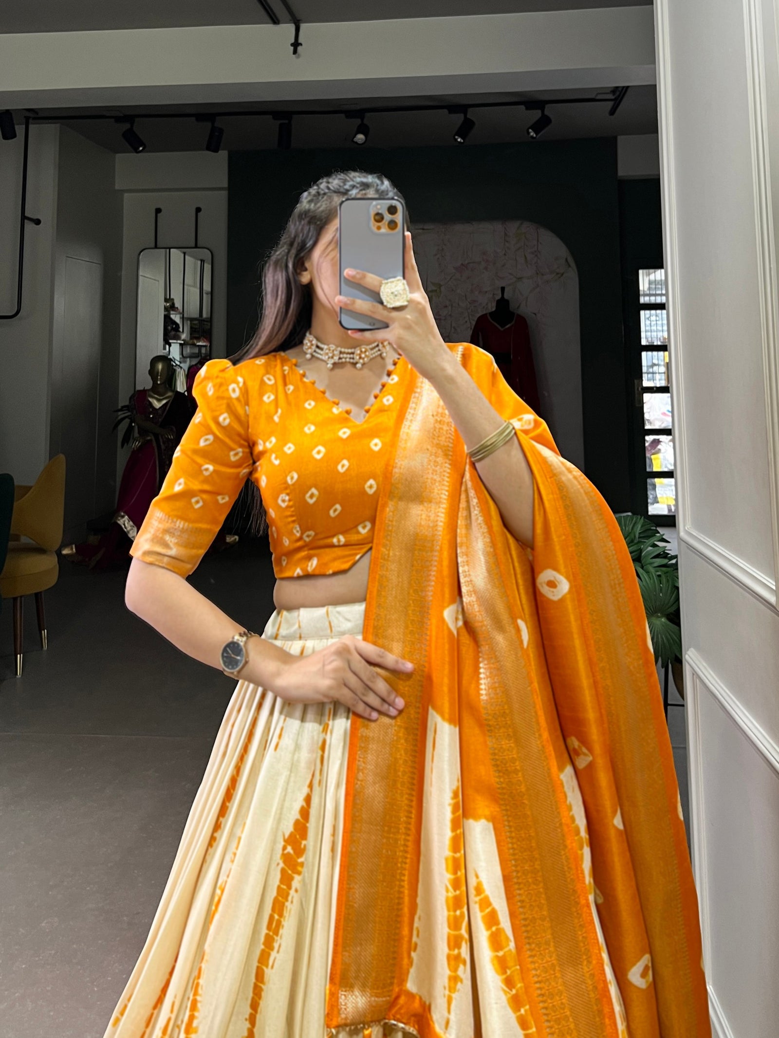 Mustard Elegant Dola Silk Shibori Print Lehenga Set with Zari Weaving Border