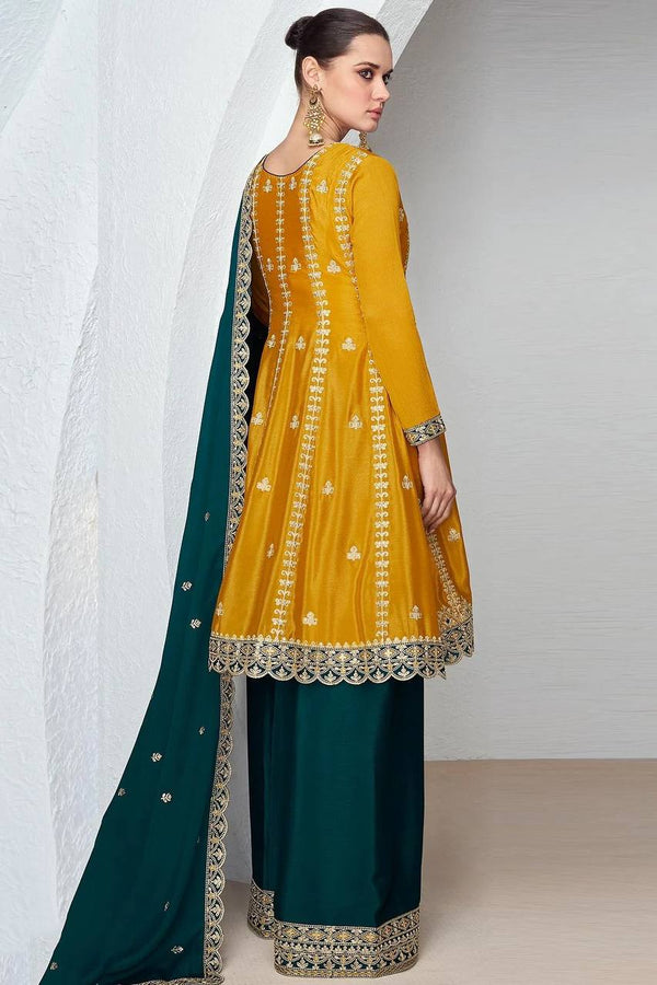 Mustard Elegant Embroidered Chinon Top & Bottom Set with Dupatta ClothsVilla