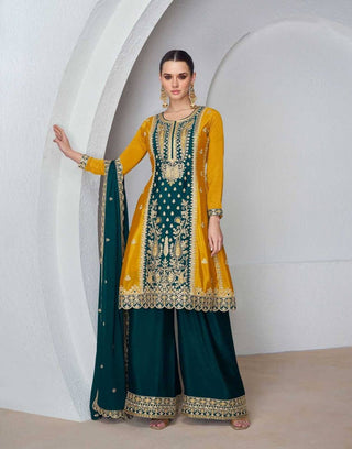 Mustard Elegant Embroidered Chinon Top & Bottom Set with Dupatta ClothsVilla