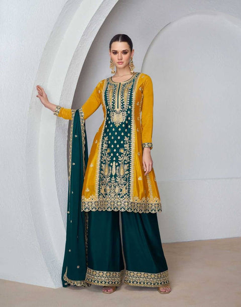 Mustard Elegant Embroidered Chinon Top & Bottom Set with Dupatta ClothsVilla Main image