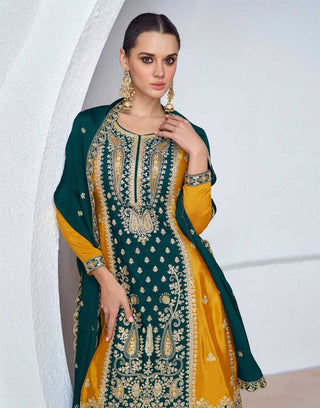 Mustard Elegant Embroidered Chinon Top & Bottom Set with Dupatta ClothsVilla