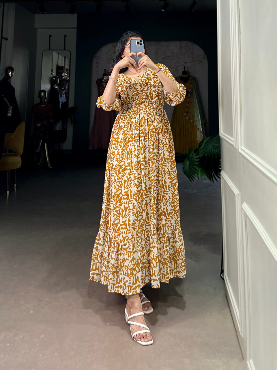 Mustard Elegant Georgette Printed Frock – Stitched & Comfortable ClothsVilla