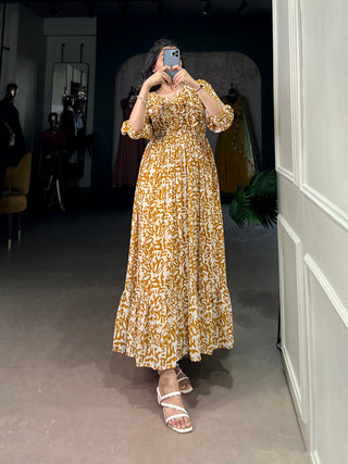 Mustard Elegant Georgette Printed Frock – Stitched & Comfortable ClothsVilla
